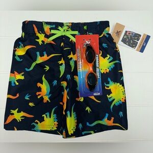 ZeroXposur Boys Colorful Dinosaur Bathing suit Swim Trunks Shorts & Goggles